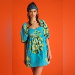 Free People Dress Peony Babydoll Floral Mini Dress Blue Small